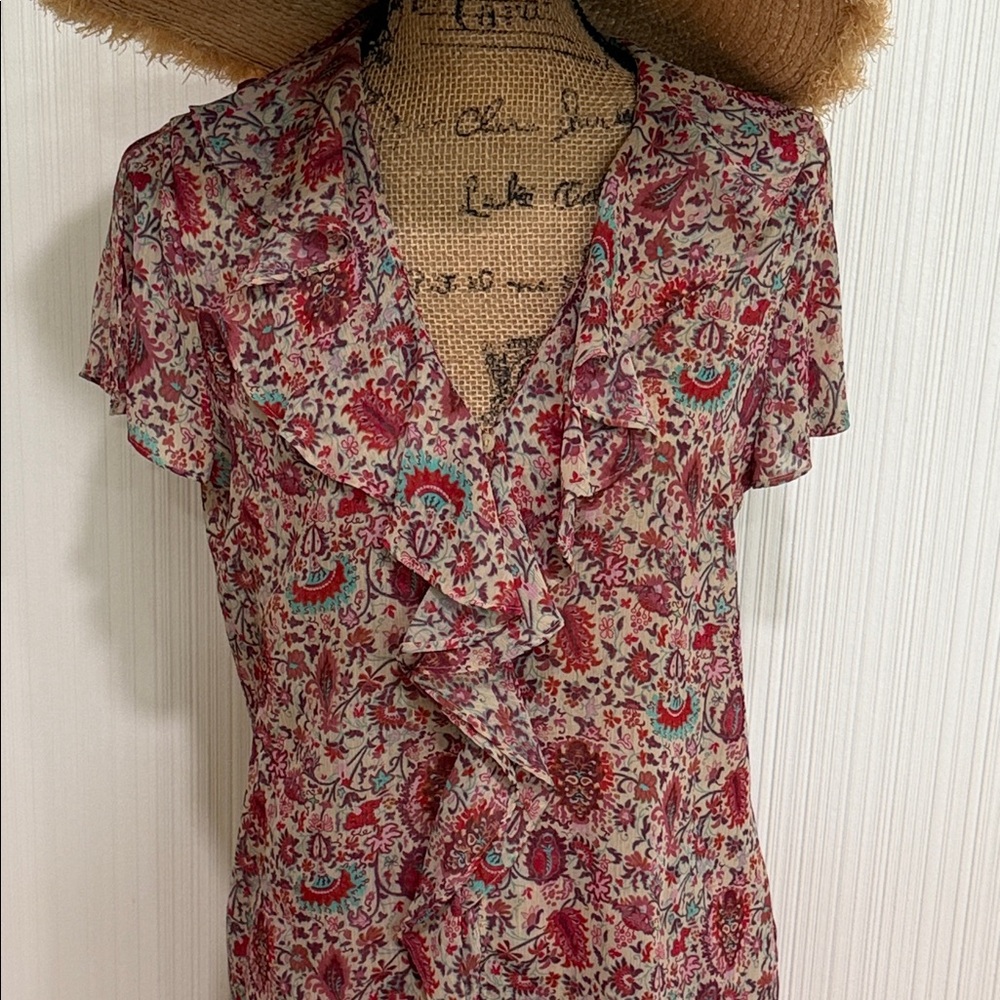 Chaps Floral Ruffle V-Neck Blouse & Skirt Set in Pink and Teal